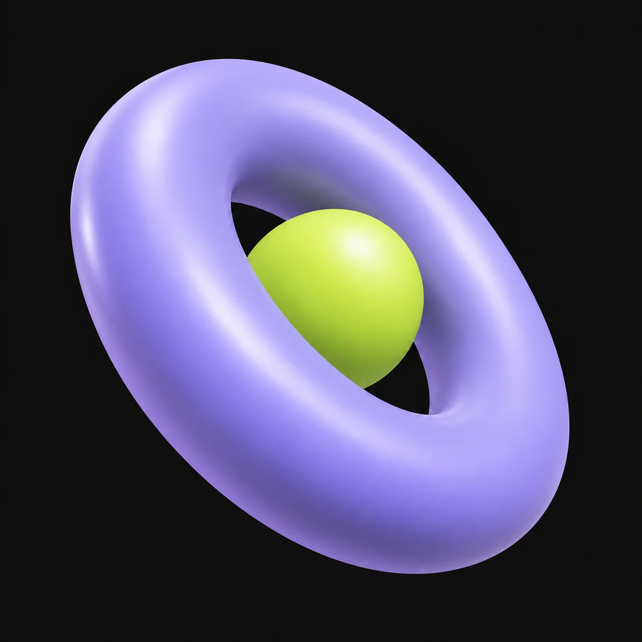 A sculptural lilac ring around a bright lime sphere, with a tiny chrome satellite floating nearby.