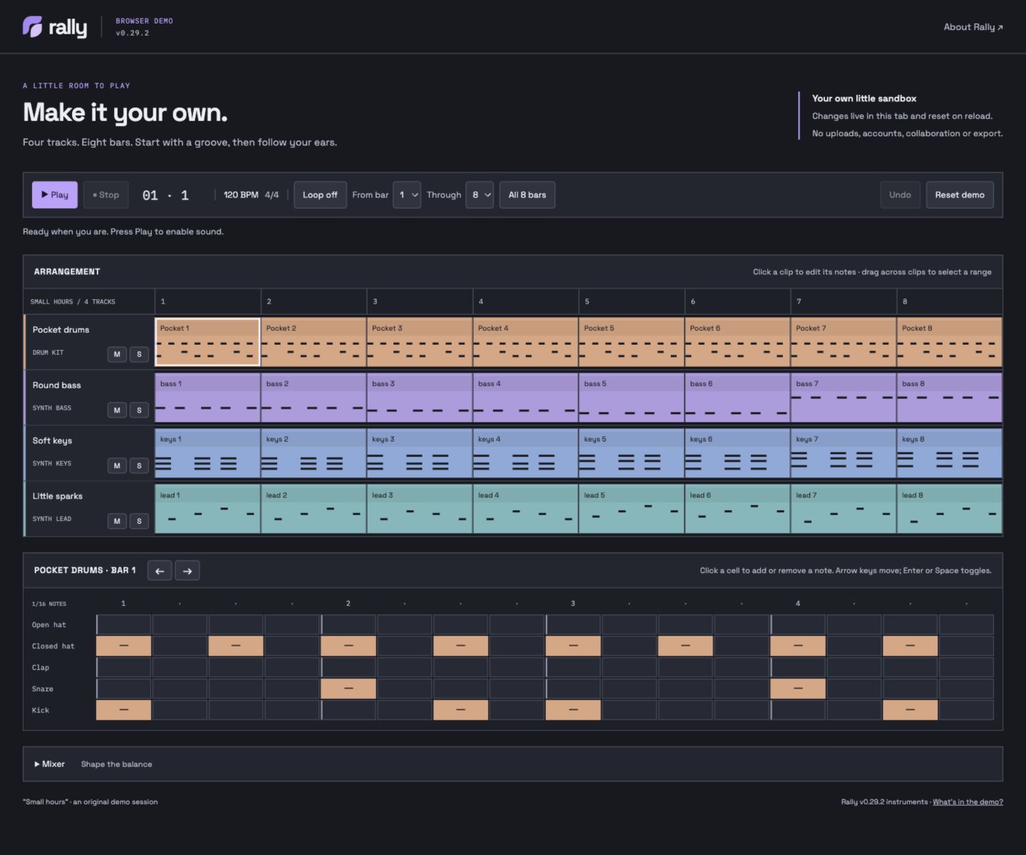Rally’s demo session with four colored MIDI tracks, playback controls and an editable note grid.