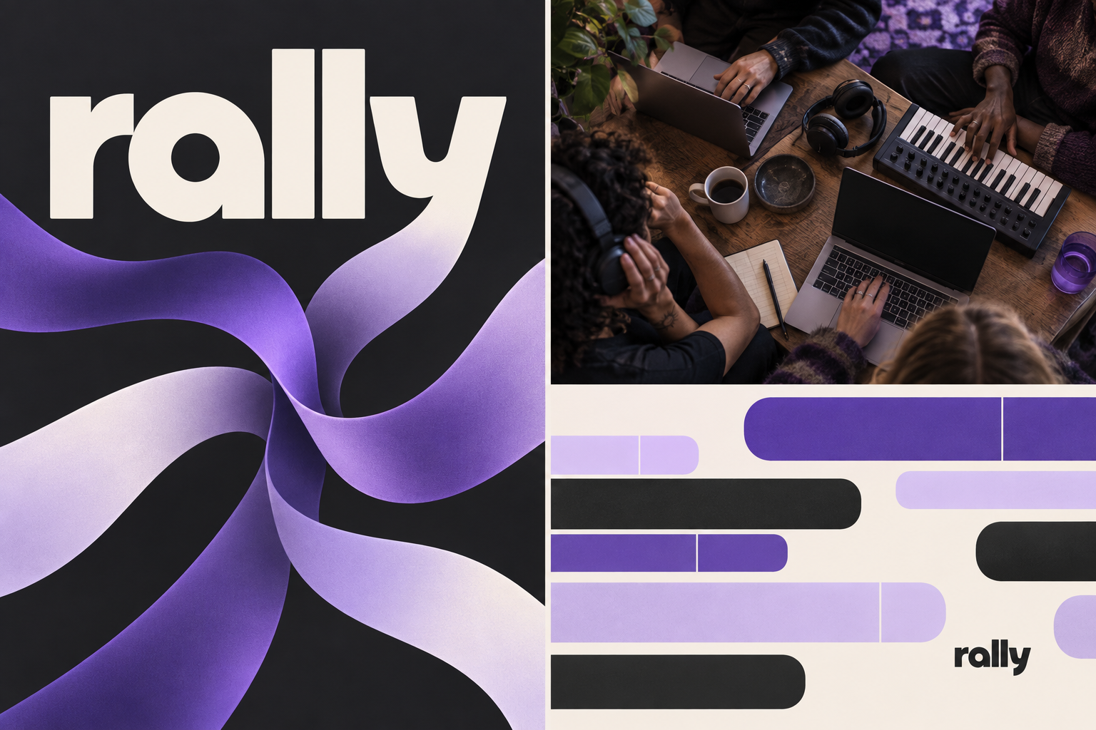 Rally concept artwork: friends gathered around a table with laptops, headphones and a small keyboard.